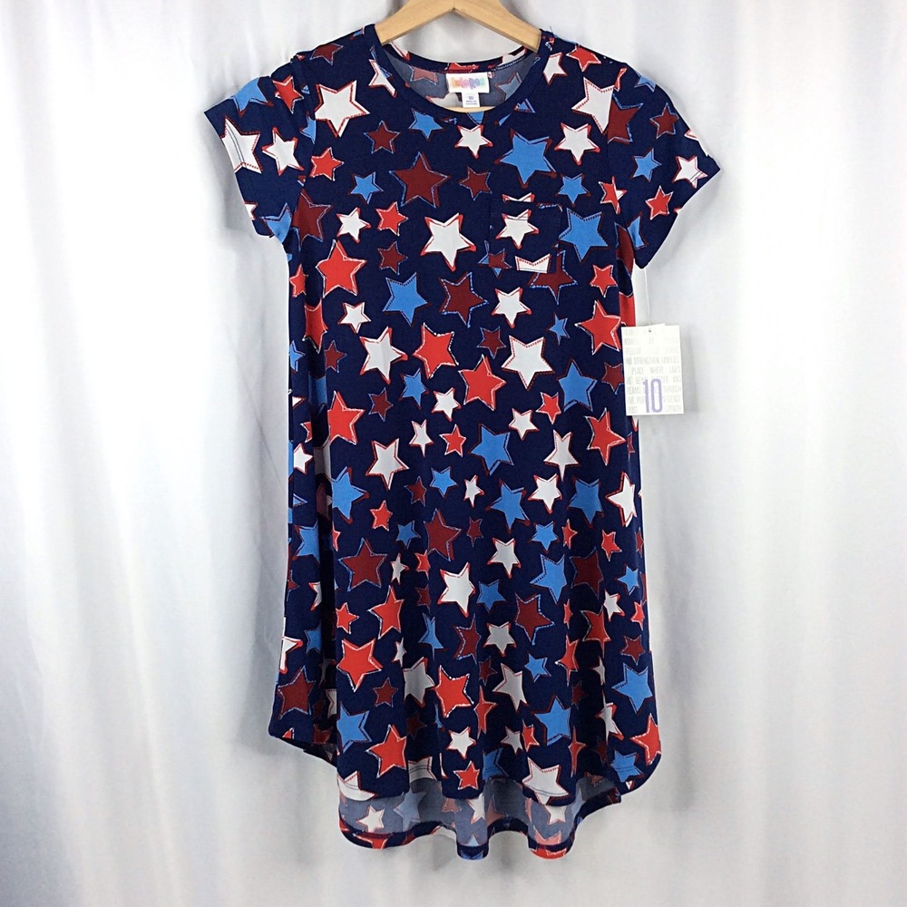 NWT Lularoe Scarlett Dress Girls Size 10 Hi Low Stars 4th of July Red White Blue
